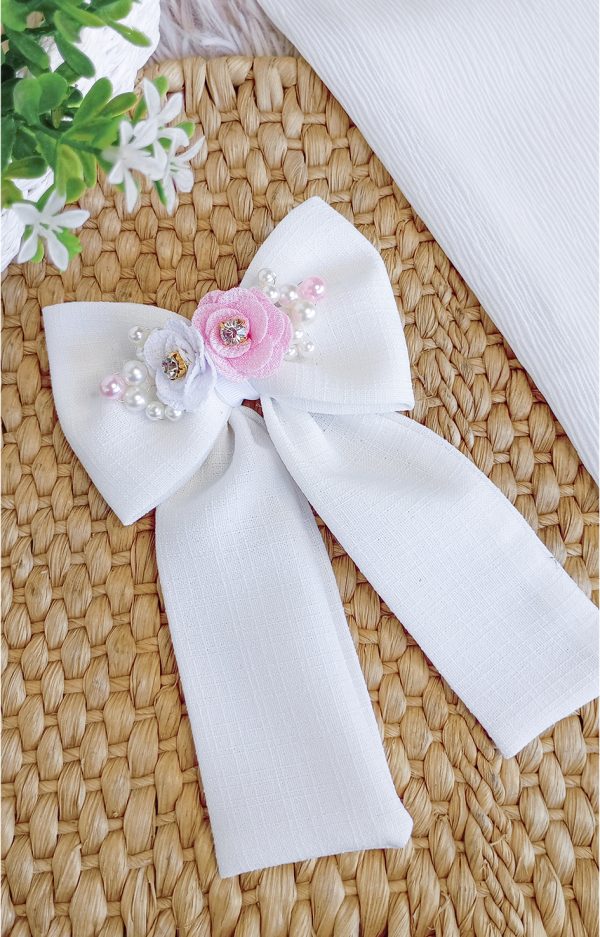 Laço Princesa - Laço de Luxo em Tecido Bordado em Pérolas para Cabelo Infantil