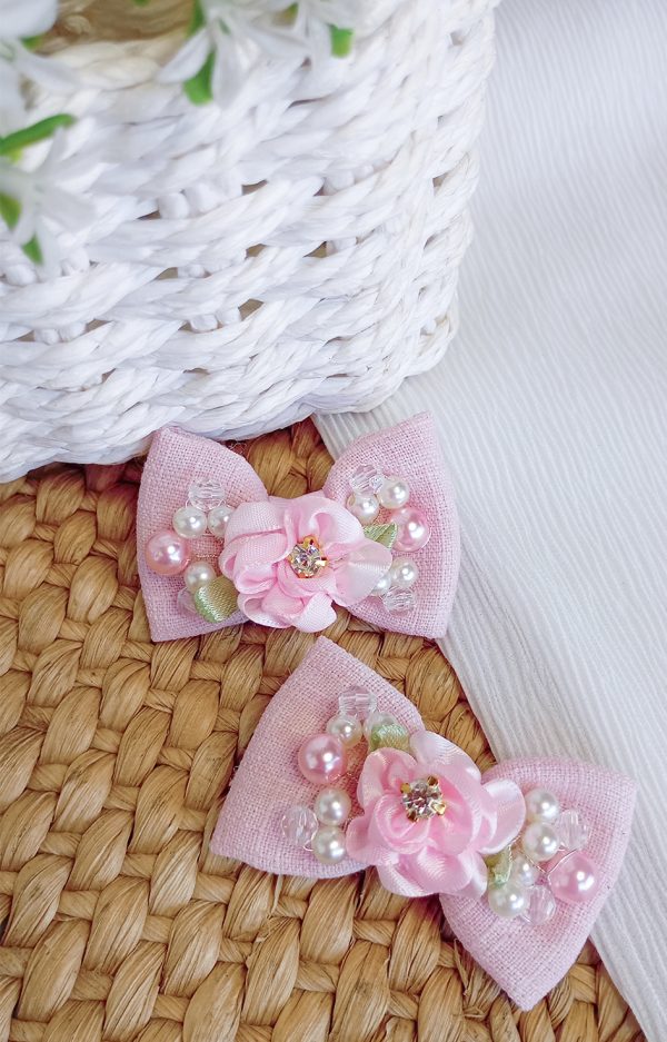 Alternative view of Parzinho Laço Princesa Rosa - Laços de Cabelo Parzinho Bordados com Pérolas