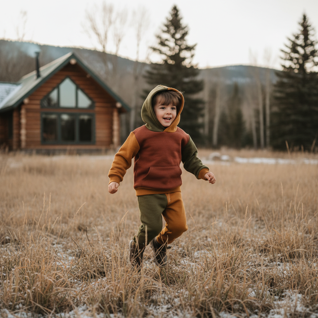 Criança usando conjunto de moletom premium em tons terrosos, alt: Tendência de conjuntos infantis inverno 2026 em tons terrosos