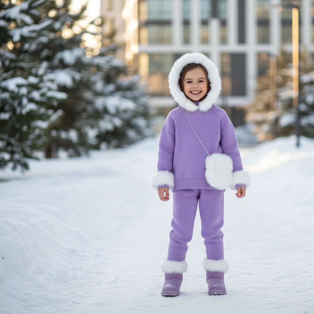 Menina com conjunto lilás e detalhes em pelo, alt: Conjuntos infantis femininos inverno 2026