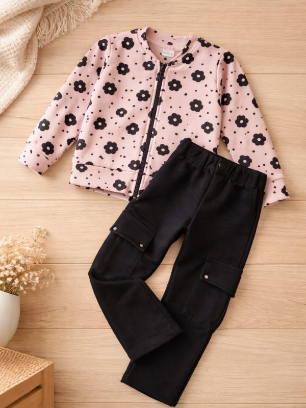 Conjunto Infantil Feminino Jaqueta Floral Rosa + Calça Cargo Preta